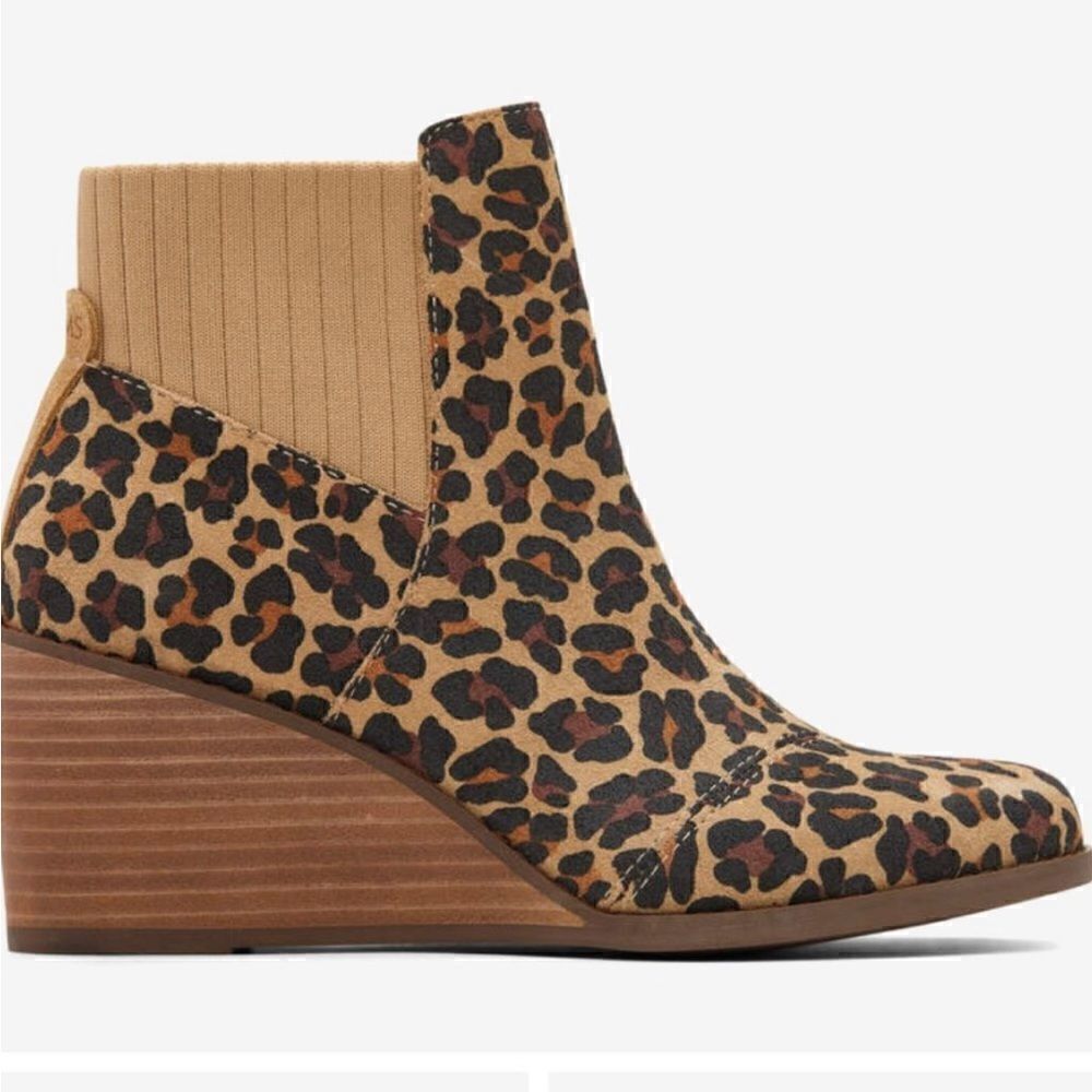 NEW TOMS Sadie Suede Wedge Leather Wedge Bootie Leopard Print Side Zip Boots